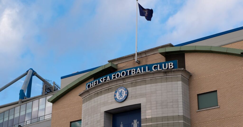 Iconic facade of Chelsea Football Club in London, highlighting the famous stadium architecture.