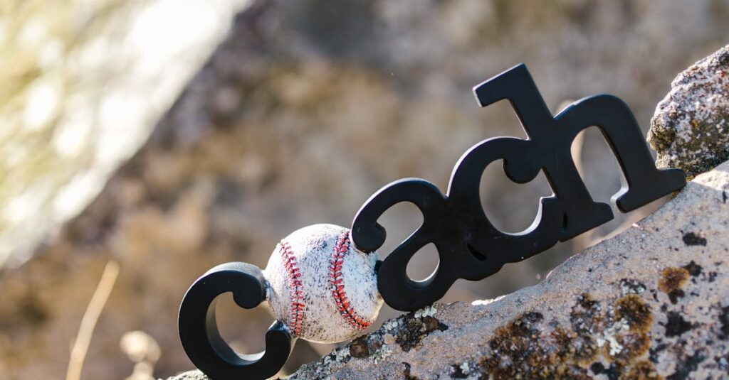 A baseball resting against a 'coach' sign on a rocky surface, outdoors.